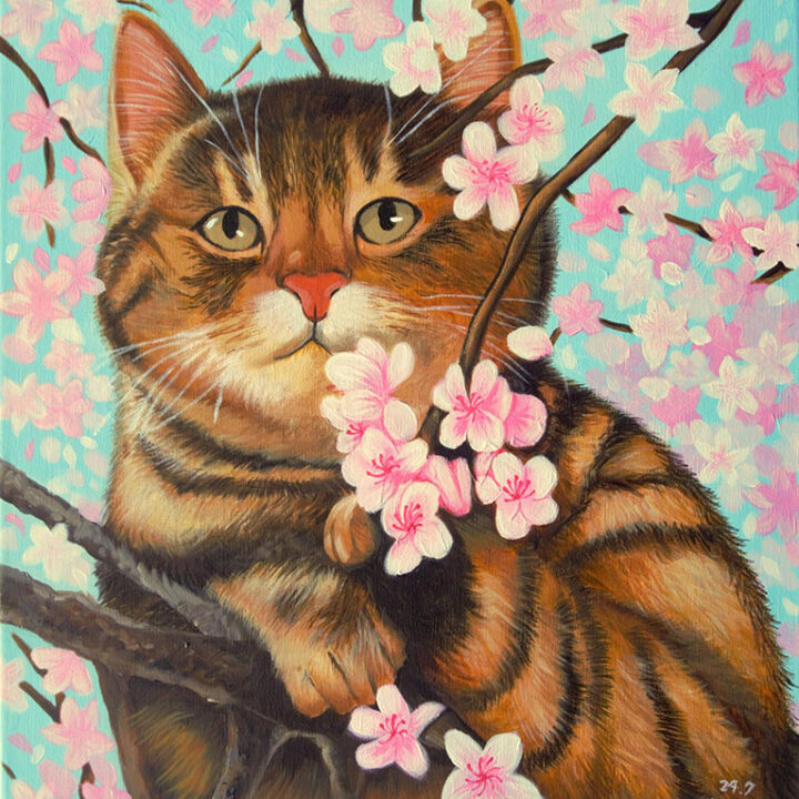 이소윤, 꽃과 고양이, 53×40.9cm, acrylic on canvas, 2024