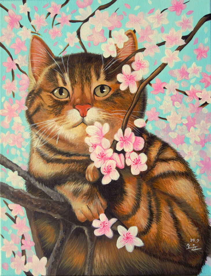 이소윤, 꽃과 고양이, 53×40.9cm, acrylic on canvas, 2024