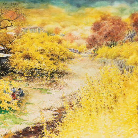 이준성, 산수유 마을의 풍경, 60.6 ×91cm, watercolor on paper, 2024