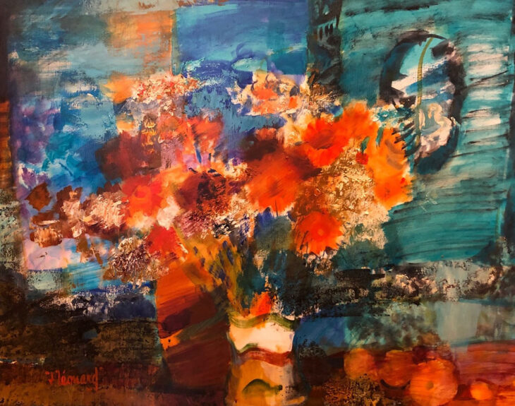 쟈크 레오나르, 푸른 베일 앞의 오렌지 꽃들, oil on canvas, 25F(81x65cm), 2000