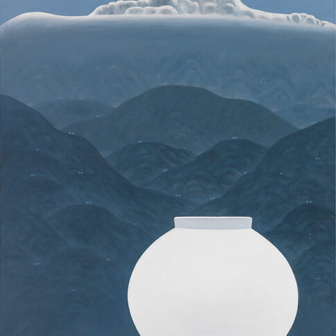 Munhyun Cho, Landscape with moon jar, 145.5×89.4cm, acrylic on canvas, 2024