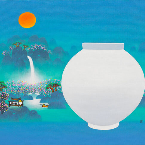 Munhyun Cho, Landscape with moon jar, 72.7×90.9cm, acrylic on canvas, 2024