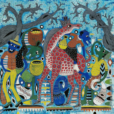 Hendrick Lilanga, Giraffe, 100x100cm, gloss on canvas, 2023