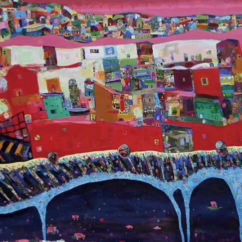 Adugna Kassa, The train, 116x208cm, mixed media on canvas, 2021