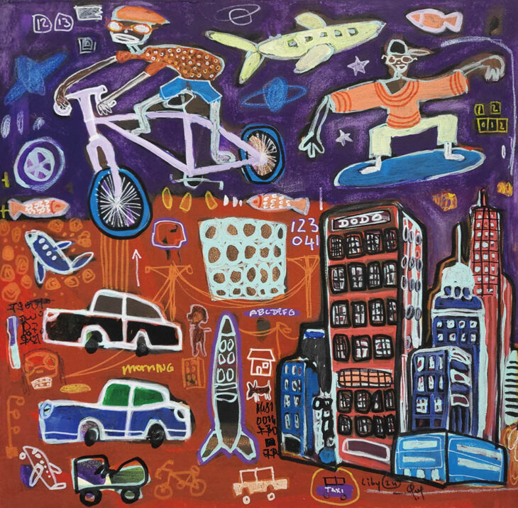 리비 루게, 신나는 일요일, 60x60cm, mixed media on canvas, 2024