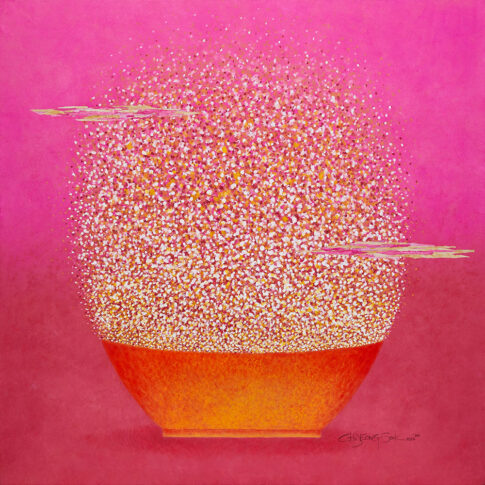 조정숙, 밥꽃-태양의 선물, 130×130cm, color on Korean paper/collage, 2023