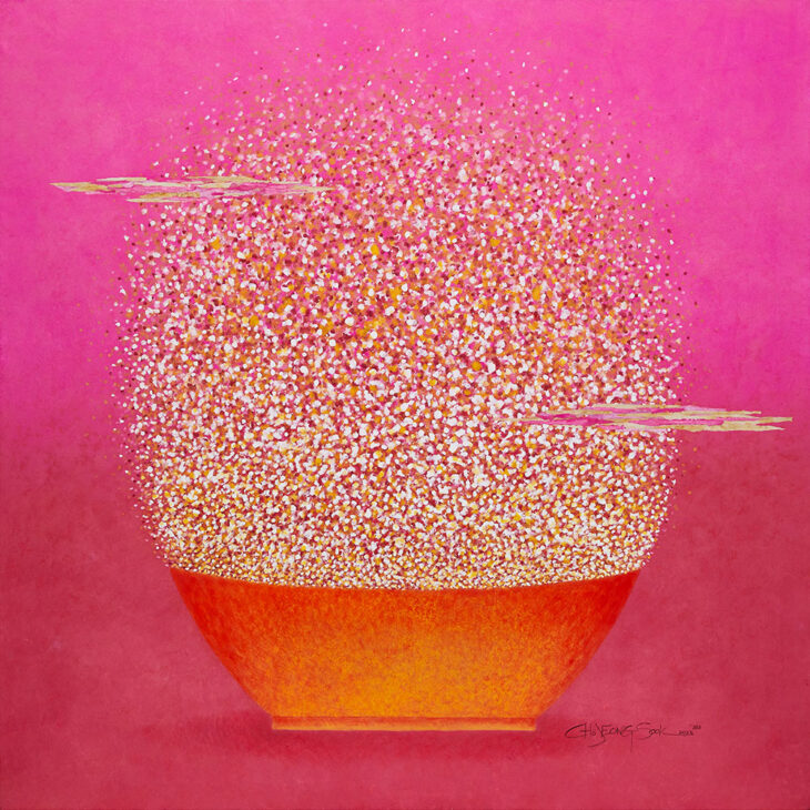 조정숙, 밥꽃-태양의 선물, 130×130cm, color on Korean paper/collage, 2023