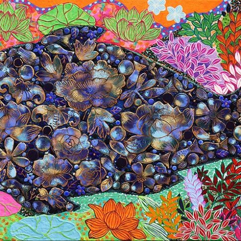 김가빈, Fish Rhapsody 24gb02, 칠보, 석채, 분채, 아크릴, 한지, 122 x 61 cm, 2024