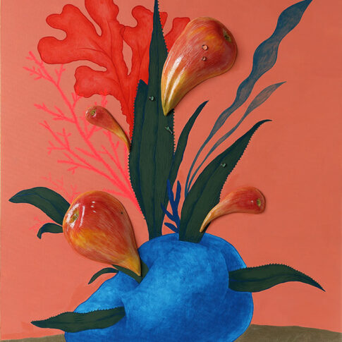 김문경, Ego=01, 92x73cm, ceramics, glass and acrylic on canvas, 2023