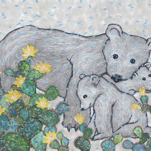 Ujei Yun, Polar bear facing a cactus, 72×90cm, water pigments on Korean traditional paper(jang-ji), 2024