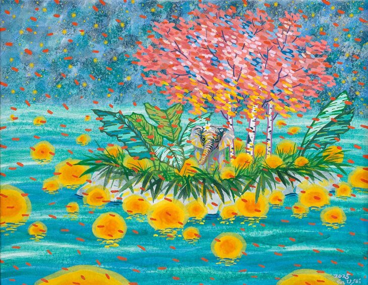 윤우제, 분홍꽃을 틔운 자작나무 밑 어린 너를 기켜줄께, 24×34cm, jang ji with natural mineral pigments, 2025