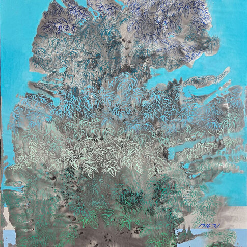 Minji Zo, Blue Reminiscence, 116.8×91 cm, 광목, 분채, 먹, 2025