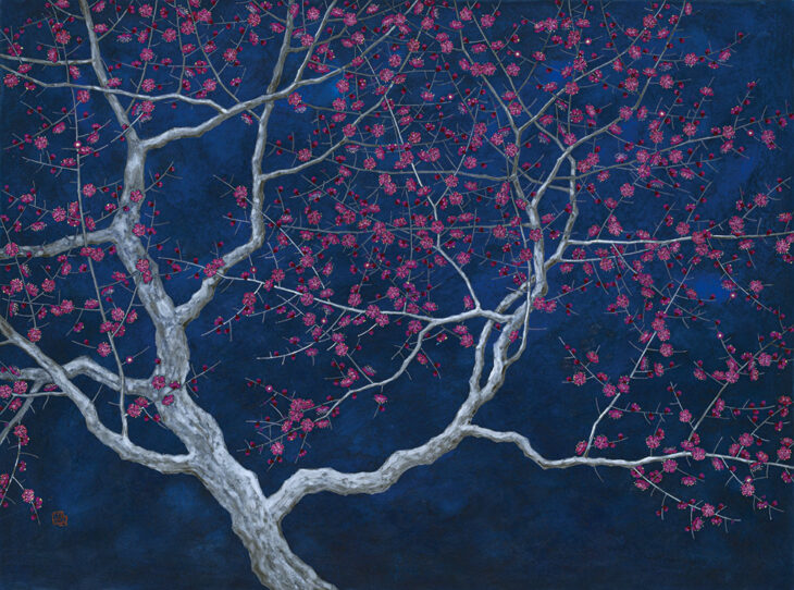 장용림, 홍매, 경계에 心다, 97.5×130cm, stone powders on Korean paper, 2025