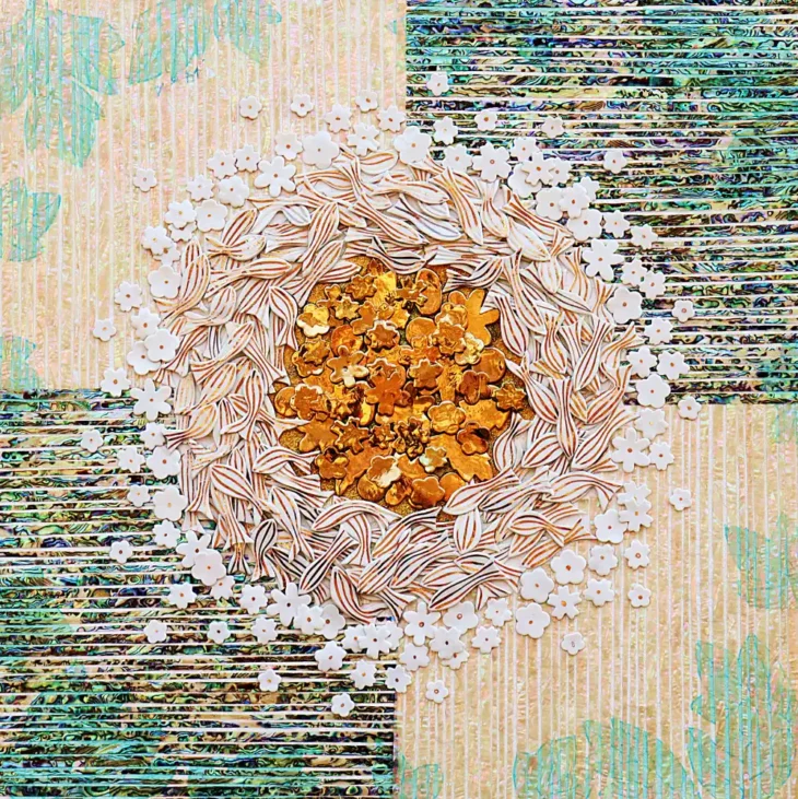김가빈, Fish Rhapsody 25gb02, 60×60 cm, porcelain, 24k gold, mother-of-pearl, metal, acrylic, 2025