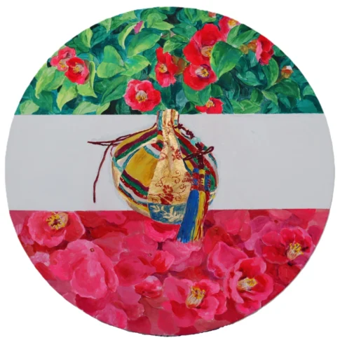 정회진, 동백 복을 담다, 40×40cm, acrylic and 24K gold leaf on canvas, 2026
