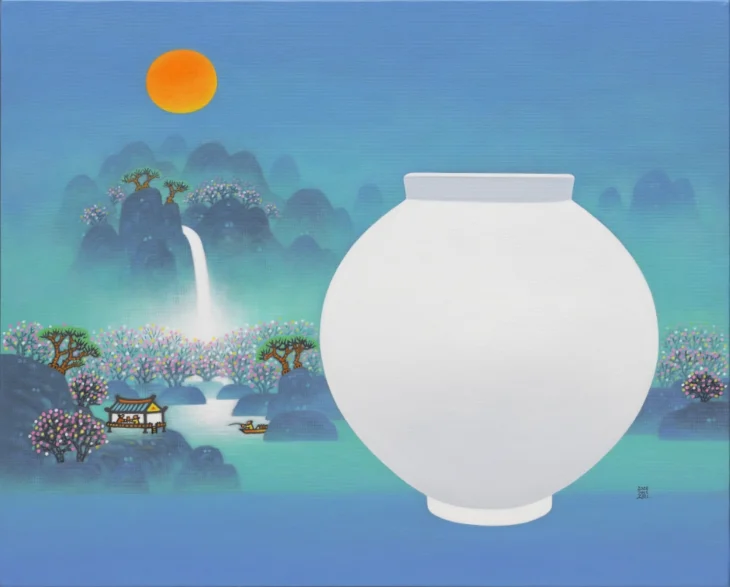 MunHyun CHO, Landscape with Moon Jar, 90.9×72.7cm (30F), acrylic on canvas, 2024