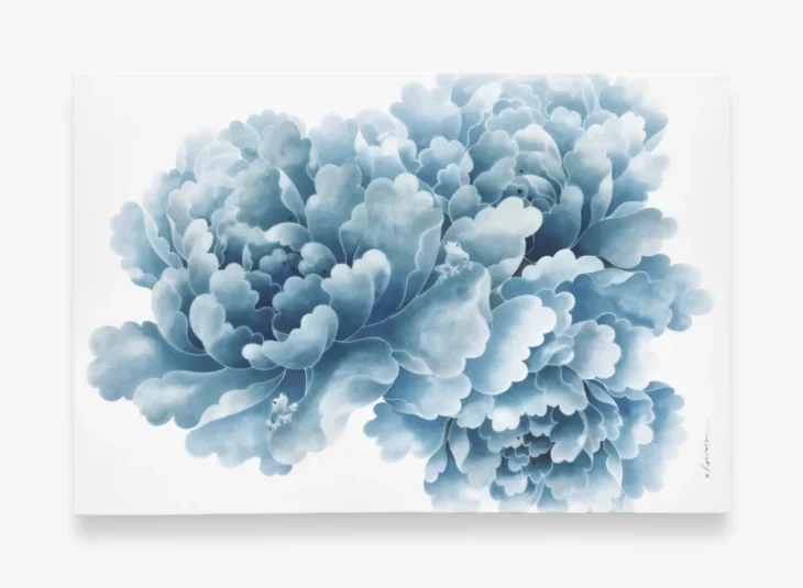 Youngkyoung Ahn, Blue Peony #202605, 75.0×50.0cm, ceramic fired at 1250°C with brushless smoke-infusion technique, 2026