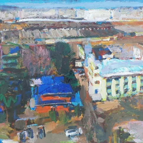 박성완, 전남방직 공사 중, 70.0×140.0cm, oil on canvas, 2025