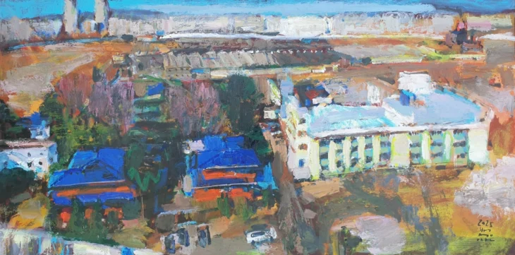 박성완, 전남방직 공사 중, 70.0×140.0cm, oil on canvas, 2025
