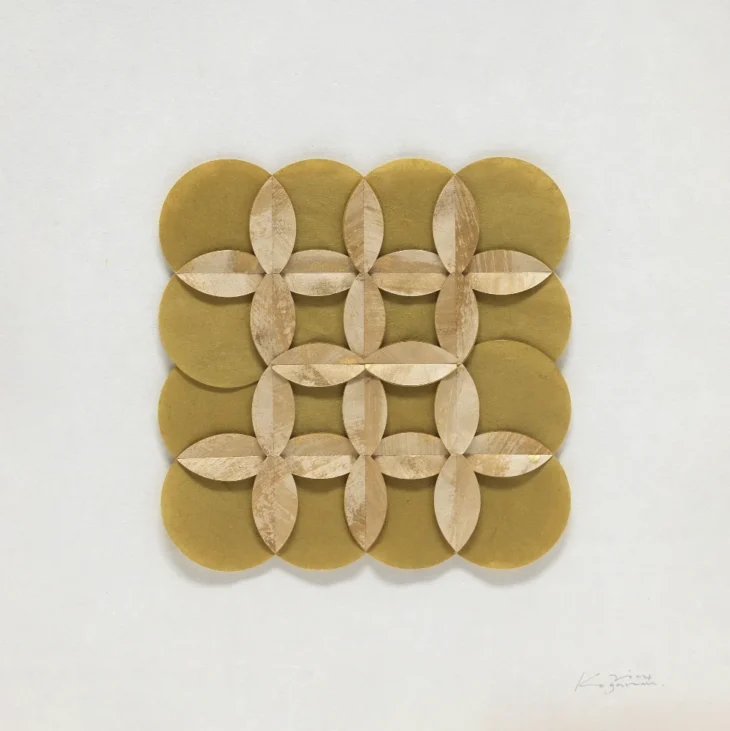 Garam Ko, Connection_Olive 2, 51.5×51.5cm, stitching and mixed media on Korean paper, 2024