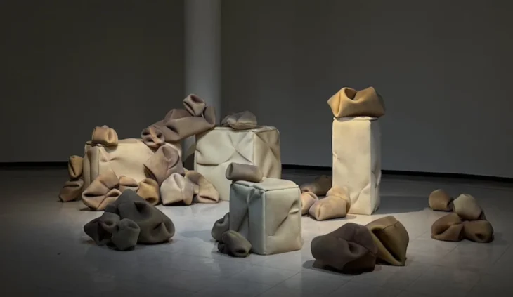 김명진, 나는 사람의 피부가 꼭 마음 같다고 생각했다, dimensions variable, airbrush and stitching on sponge, 2025