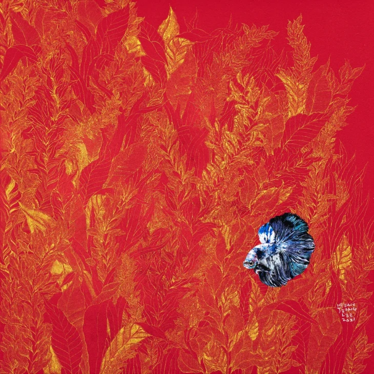 이현정, 텅 빈, 그러나 가득 찬, 30.0×30.0cm, acrylic and 24K gold dust on cotton cloth panel, 2021