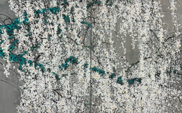 백준선, 가득찬 봄, 162.2×264.4cm, mineral pigment and powder pigment on Korean paper, 2026