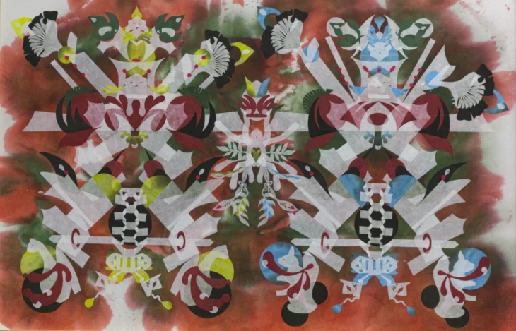 양혜규, Twin Fan Dance Warrior Decalcomania Soul Streamers–Mesmerizing Mesh #189, 62.0×92.0cm, hanji and washi on Dibond, framed, 2023